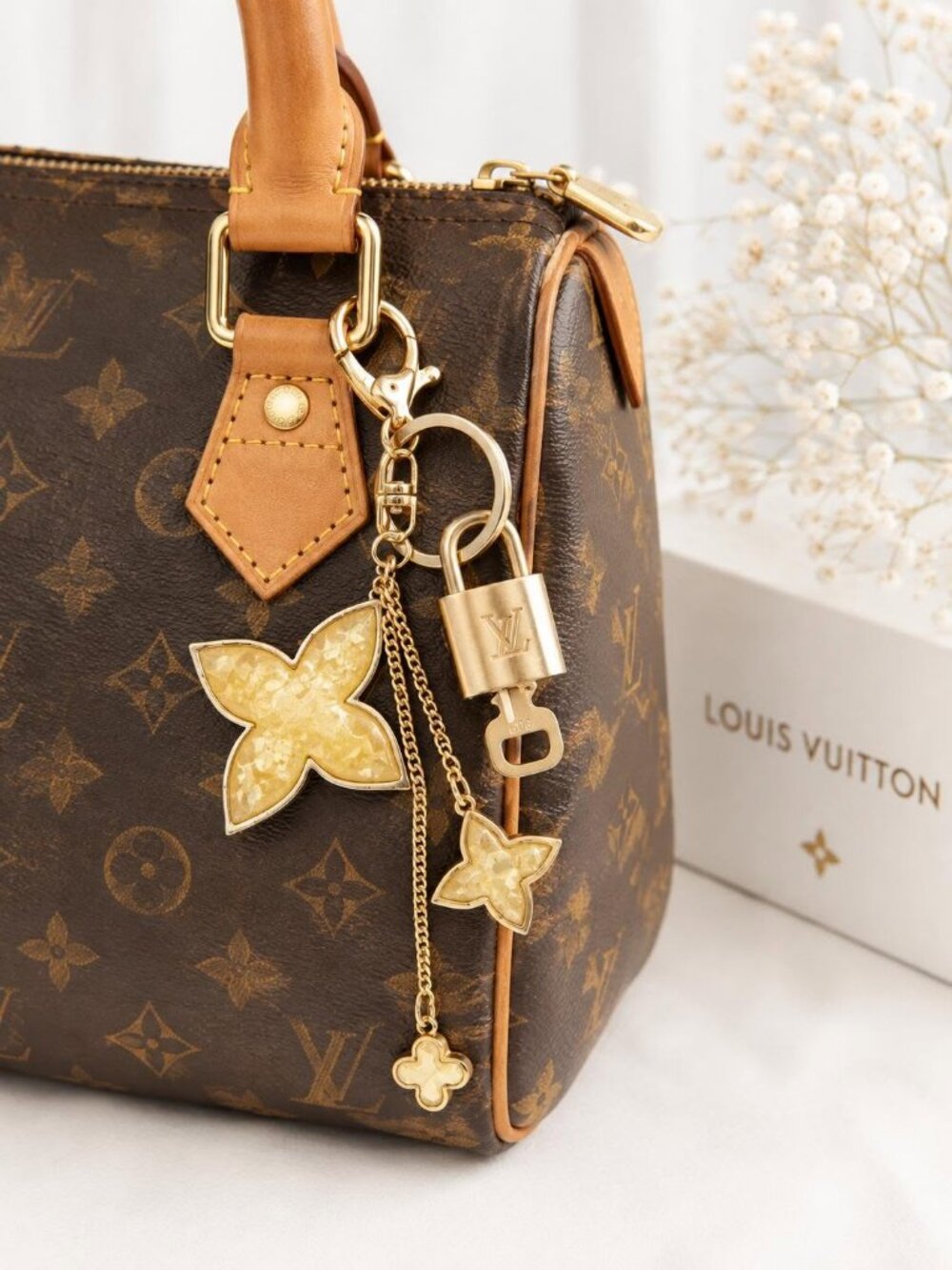 LV Gold Padlock 🔑 Authentic Louis Vuitton Charm + Unbranded Flower Keychain